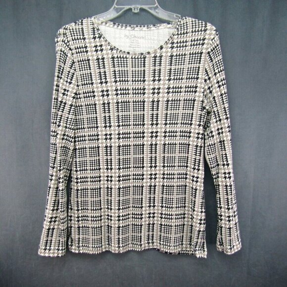 Chicos Plaid Houndstooth Cream Black Taupe Top Size M 1 Long Sleeve 100% Cotton - Picture 8 of 8